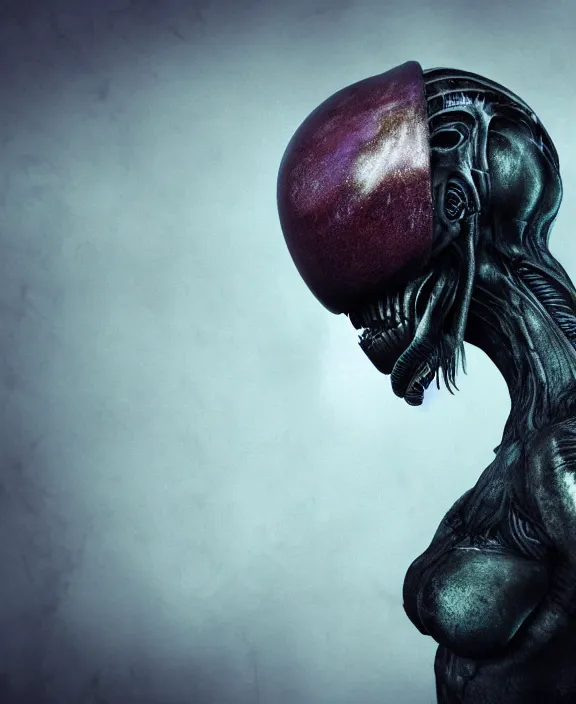 Image similar to xenomorph hugging pale sad beauty merging, dark mist colors, giger background liminal void, digital art, cinematic lighting, realistic, award winning photograph, various refining methods, micro macro autofocus