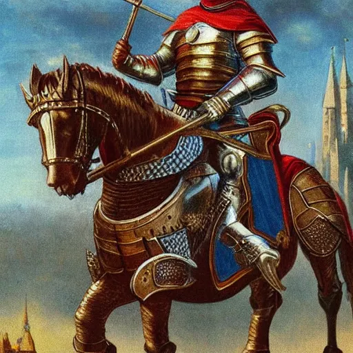 Image similar to full body, knights armor, donald trump, crown!!!!!!, donald trump's face, detailed face, painting of a knight, boots!!!!!!, medieval castle background, valiant, by hans thoma