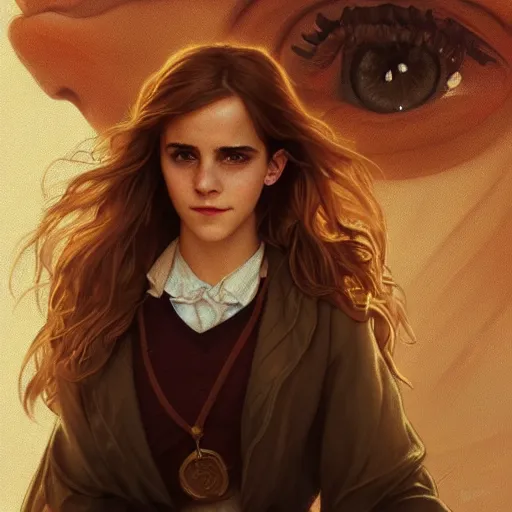 Image similar to Painting of Emma Watson as Hermione Granger. Prisoner of Azkaban. Cheerful. Happy. Art by artgerm and greg rutkowski and alphonse mucha. During golden hour. Extremely detailed. Beautiful. 4K. Award winning.