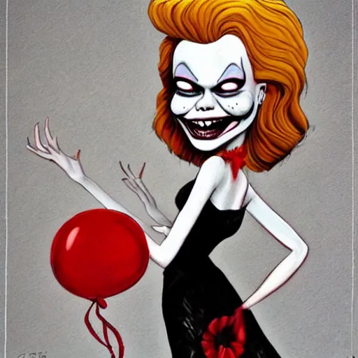 Image similar to grunge cartoon painting of margot robbie with a wide smile and a red balloon by chris leib, loony toons style, pennywise style, corpse bride style, horror theme, detailed, elegant, intricate