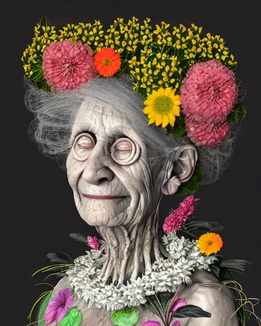 Prompt: a portrait of a fleshy old woman with a sly smile, covered in flowers in the style of guiseppe arcimboldo and james jean, covered in wispy gray hair with a hint of neon, hd 3 d, 8 k