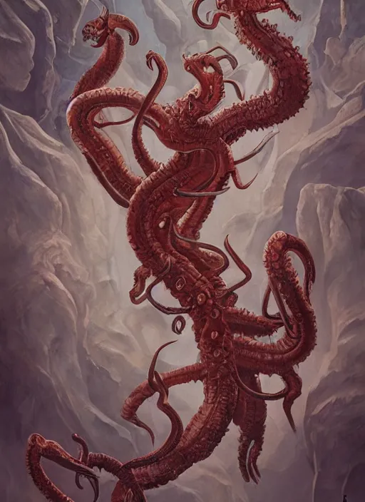 Image similar to highly detailed painting of the hydra, 4 k, lovecraftian, d & d, satanic, fantasy, intricate, digital painting, artstation, concept art, sharp focus, illustration, by michelangelo, by nicolas poussin