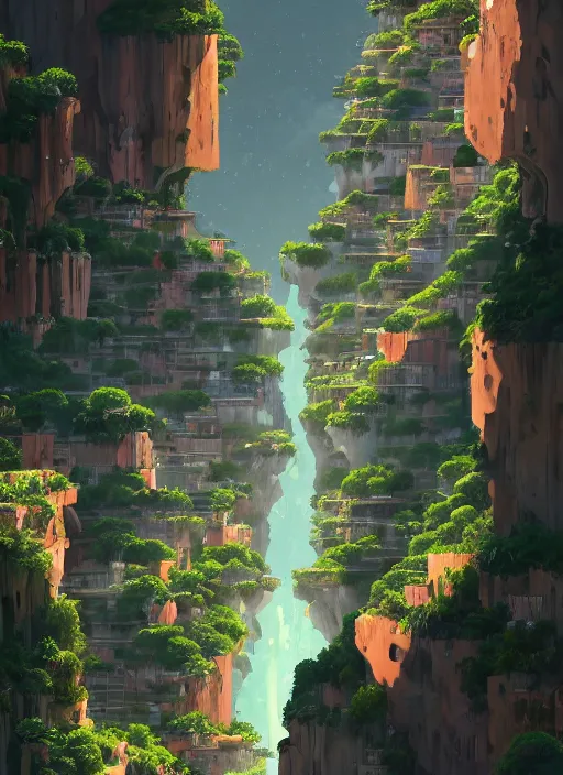Image similar to city built on terraces in a gigantic canyon, lots of buildings connected by hanging bridges, waterfalls, glow coming from amber veins in the ground, lush vegetation, pitchblack sky, extremly detailed digital painting, in the style makoto shinkai and atey ghailan, rim light, beautiful lighting, 8 k, stunning scene, raytracing, octane, trending on artstation