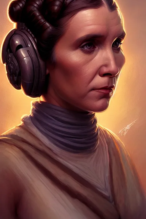 Image similar to portrait of princess leia, star wars, upper body, fantasy, intricate, elegant, highly detailed, digital painting, artstation, concept art, smooth, sharp focus, key light, illustration, art by artgerm and greg rutkowski and alphonse mucha