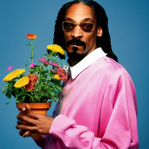 Image similar to cyperpunk Snoop Dogg holding a Vase of flowers for a 1990s sitcom tv show, Studio Photograph, portrait, C 12.0