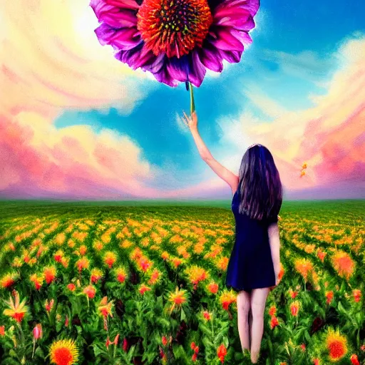 Image similar to giant dahlia flower head, full body girl standing in a flower field, surreal photography, sunrise, dramatic light, impressionist painting, colorful clouds, digital painting, artstation, simon stalenhag