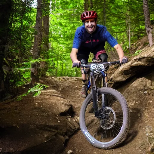 Image similar to 38 year old male on a full suspension mountain bike riding down a steep and rocky trail with a big smile on his face, ultrarealistic, 4K
