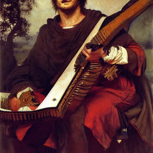 Prompt: a portrait of an anthro wolf playing a lute, by samuel luke fildes and greg hildebrandt