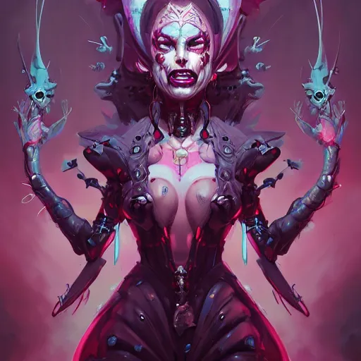 Image similar to a portrait of a beautiful demonic cybernetic grand duchess of hell, cyberpunk concept art by pete mohrbacher and wlop and artgerm and josan gonzales, digital art, highly detailed, intricate, sci-fi, sharp focus, Trending on Artstation HQ, deviantart, unreal engine 5, 4K UHD image