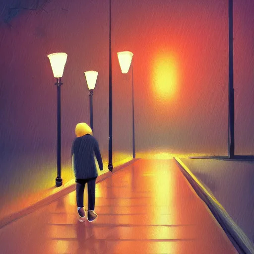 Prompt: an orange tabby cat walking on a sidewalk, it is night and raining, bushes in the background, street lamps are illuminating the street, moody lighting, peaceful atmosphere, digital art, highly detailed, high contrast, beautiful lighting, award winning, trending on art station, 8 k,