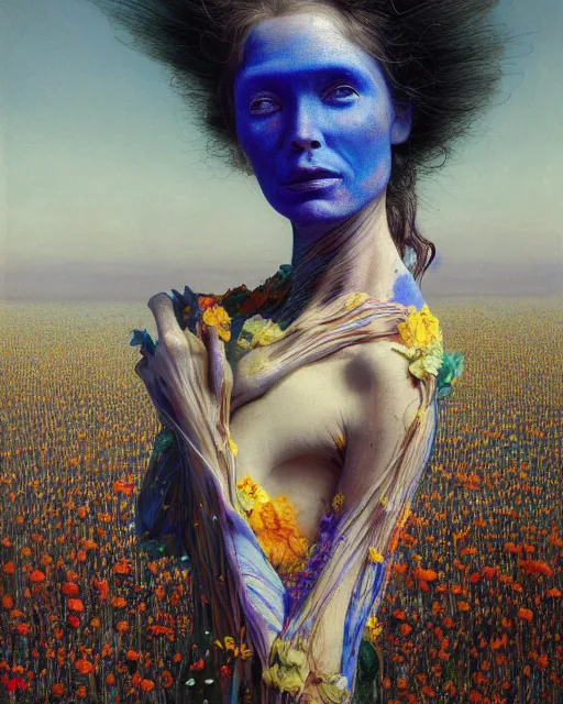 Image similar to A portrait of a woman wearing clothes made out of dying flowers, nuclear explosion in the background, Masterpiece, blue skin, glowing, wires everywhere, by Edgar Maxence and Ross Tran, Zdzisław Beksiński, and Michael Whelan, distant, gustav dore, H.R. Giger, 8k, octane render