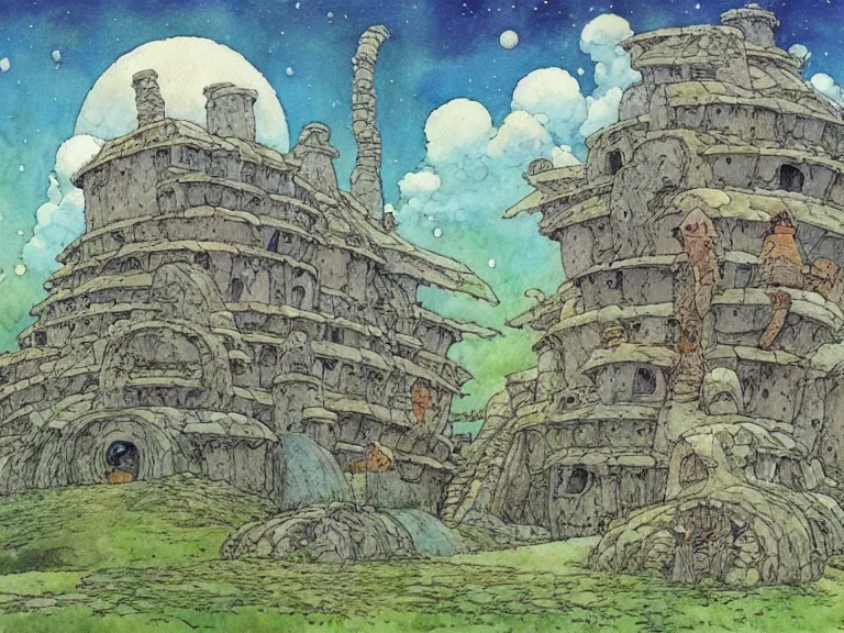 Prompt: hyperrealist studio ghibli watercolor fantasy concept art of an immense earthship solar home from howl's moving castle sitting on stonehenge like a stool. it is a misty starry night. by rebecca guay, michael kaluta, charles vess