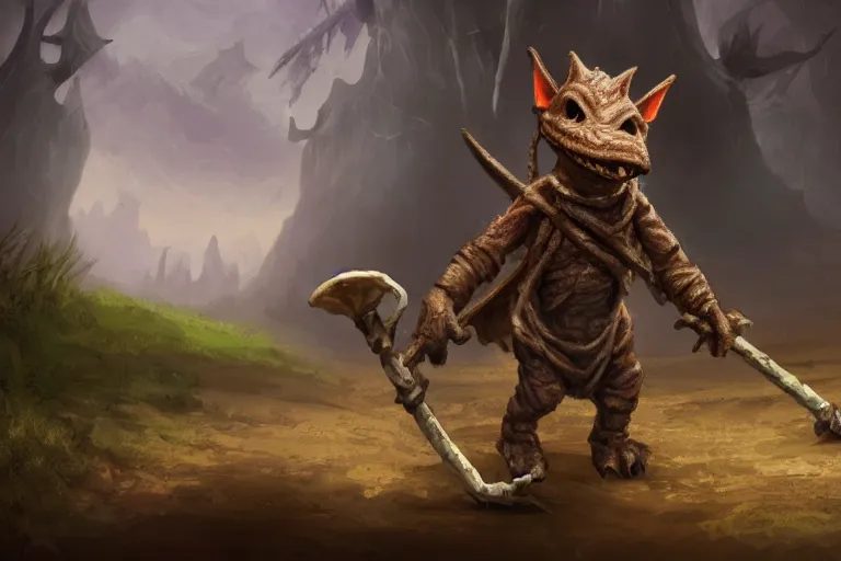 Prompt: a lone d & d kobold, traveling long dirt road, carrying a hobo stick over its shoulder, fantasy setting, 4 k, little draconic humanoid, super detailed, mood lighting, digital art