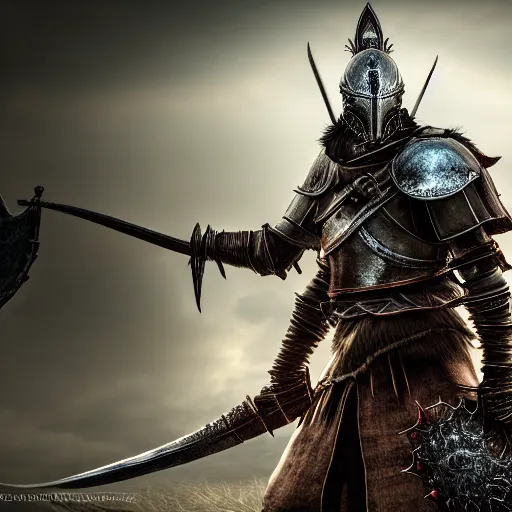 Image similar to portrait of a warrior with battle armor,fantasy, dark souls, bloodborne, D&D, HDR, natural light, dynamic pose, award winning photograph, Unreal Engine , 8k,