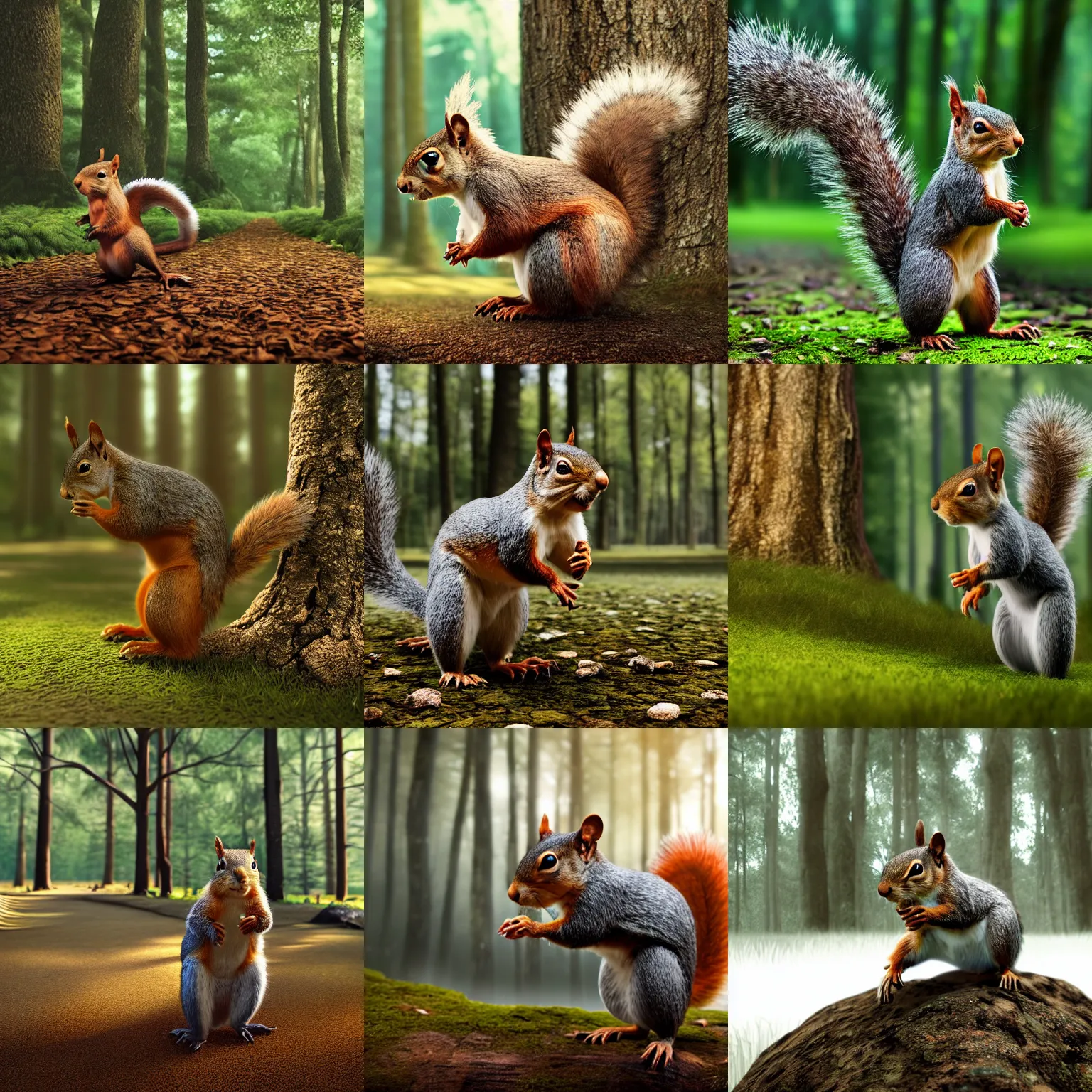 Prompt: a squirrel running on two legs like a human through a forest full of tall trees. Highly detailed, octane render, art station, 4k, high quality