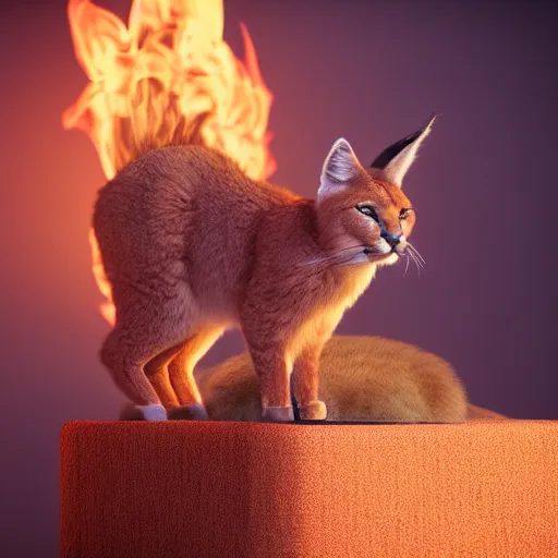 Prompt: wide-angle photo of fluffy cute caracal sitting on a stool in a room, flames of fire at background, octane render, 3d, 8k, hd, studio light