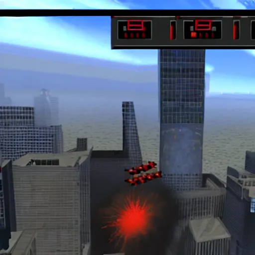 Image similar to a screenshot from the video game super 9 / 1 1, in which players control planes and intend to hit as many towers as possible