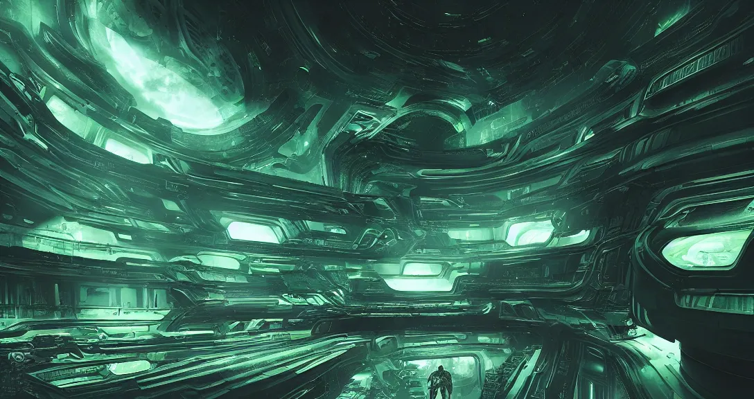 Prompt: breathtaking interior design, greenish colors, alien God throne room, sci-fi-interior-lighting, interplanetary-skyline-view, alien-UFO-design, alienpunk, alien, otherworldly, 4k, dramatic, cinematic, octane