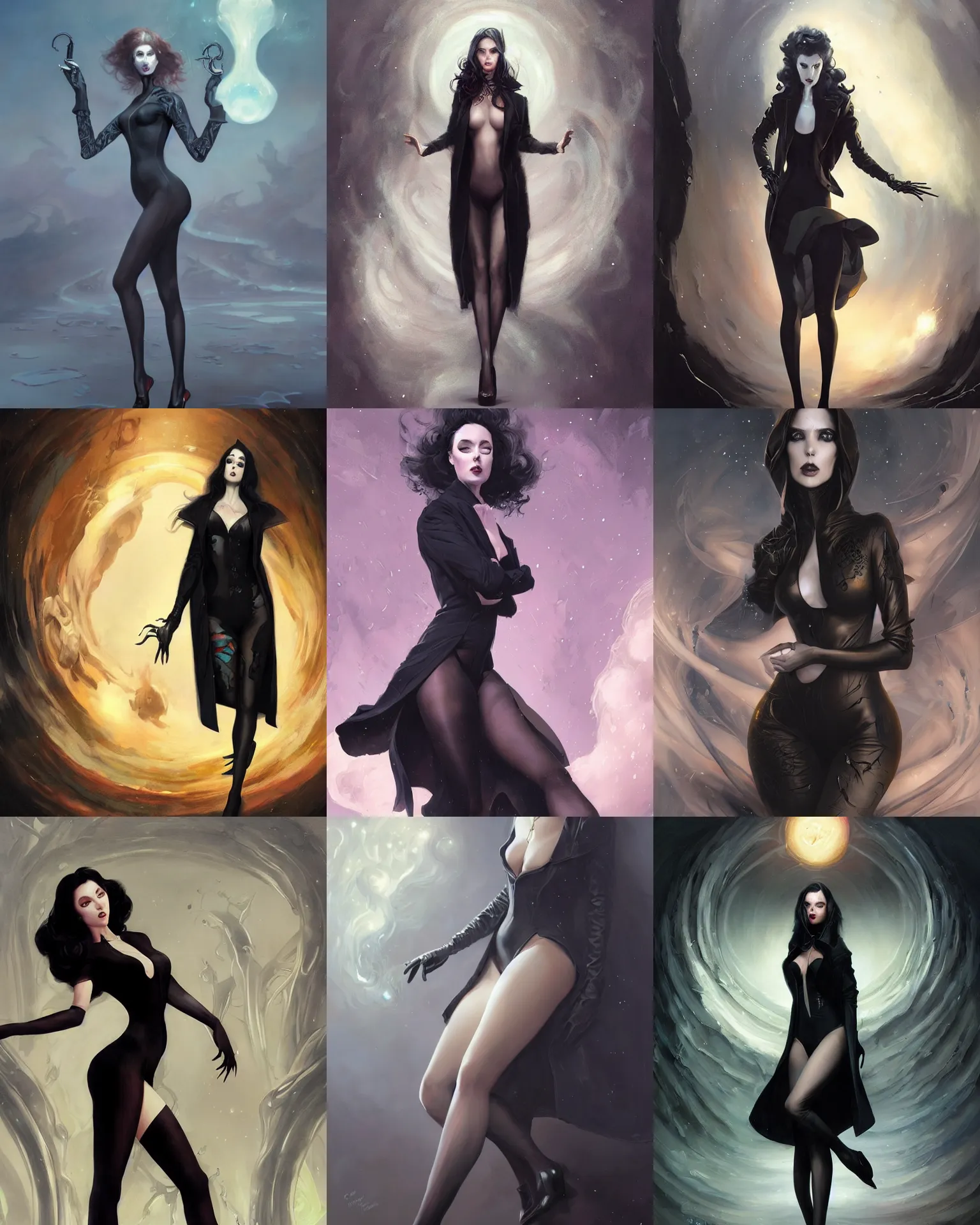 Prompt: lady in black coat and pantyhose, cosmic horror style, intricate, seductive confident pose, realistic, highly detailed, digital painting, art by wlop and peter mohrbacher and ross tran and greg rutkowski, charlie bowater