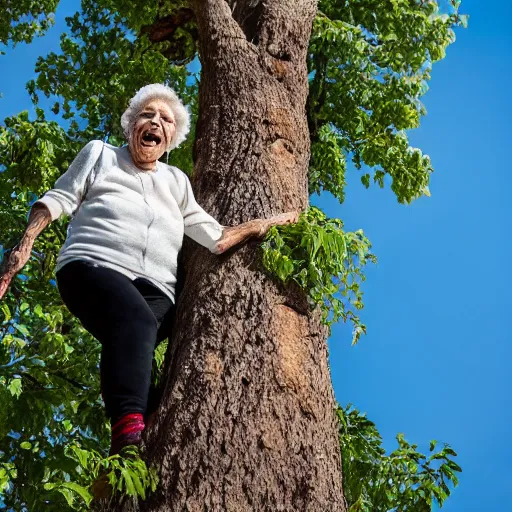 Prompt: elderly woman stuck up a tree, screaming, canon eos r 3, f / 1. 4, iso 2 0 0, 1 / 1 6 0 s, 8 k, raw, unedited, symmetrical balance, wide angle