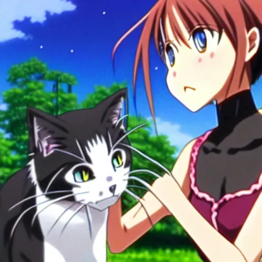 Prompt: Screenshot of Rika from the anime Higurashi no Naku Koro Ni petting a cat, Rika is petting a cute black cat, detailed eyes, detailed face