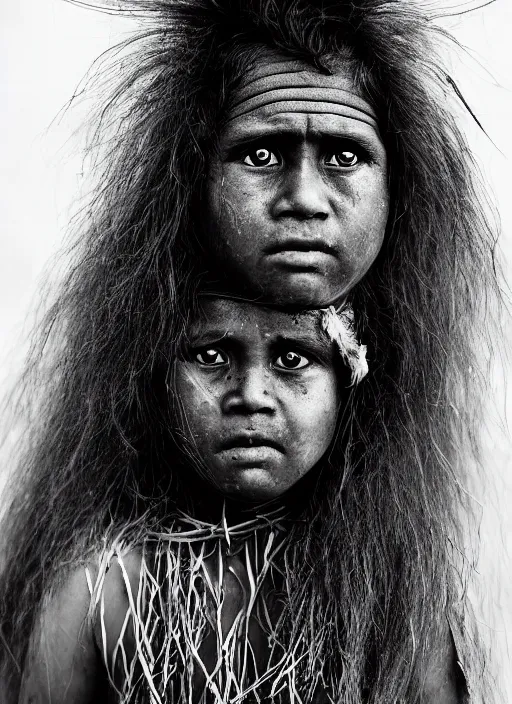 Image similar to Award winning Editorial photo of a Native Nauruans with incredible hair and beautiful hyper-detailed eyes wearing traditional garb by Lee Jeffries, 85mm ND 5, perfect lighting, gelatin silver process