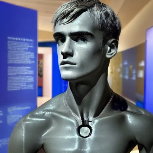 Image similar to “ a realistic detailed photo of a guy who is an attractive humanoid who is half robot and half humanoid, who is a male android, soccer player antoine griezmann, shiny skin, posing like a statue, blank stare, at the museum, on display ”