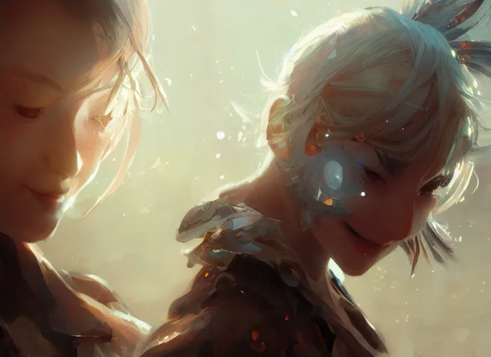 Image similar to closeup of anime girl, smiling, intricate, sharp focus, lens flare, bloom, illustration, highly detailed, digital painting, concept art, matte, art by ruan jia and wlop and greg rutkowski