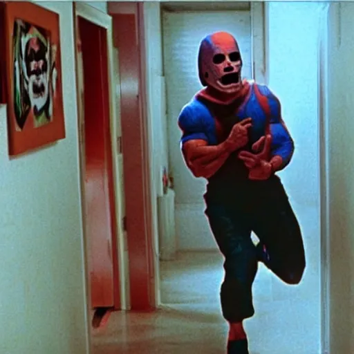 Prompt: john cena running from michael myers down a hallway of a house that was built in the 8 0's