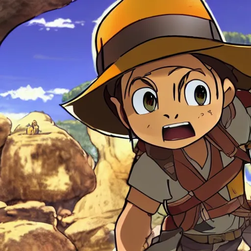 Prompt: Indiana Jones running away from boulder trap, boulder chase, stone temple background, giant round stone chasing Indian Jones, raiders of the lost ark, made in abyss anime style