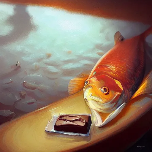 Image similar to a fish laying on top of a chocolate bar. soft, atmospheric, warm lighting. highly detailed digital painting by mandy jurgens.