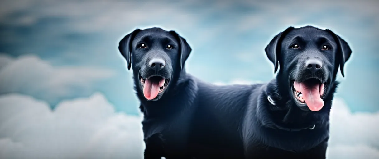 Prompt: A very happy black labrador sitting on a cloud and smiling, misty environment