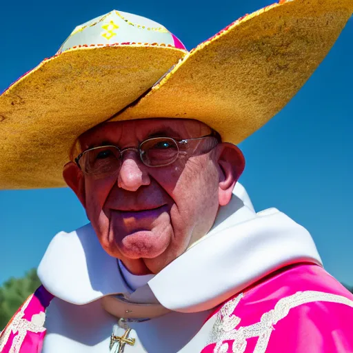 Image similar to pope john paul the 2 nd wearing a sombrero holding a taco, ( sony a 7 r iv, symmetric balance, polarizing filter, photolab, lightroom, 4 k, dolby vision, photography awardm, voque, perfect face )