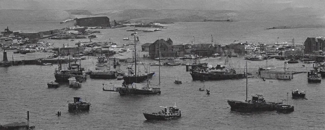 Prompt: the harbour at Stromness orkney, from Apocalypse Now (1979), cinematic,