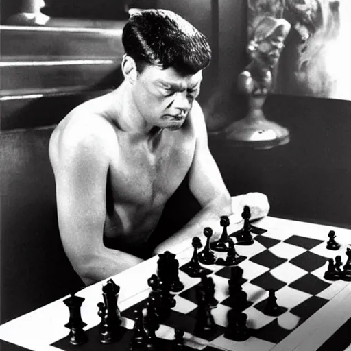 Prompt: Satan playing chess against johnny weissmuller, Realistic photograph