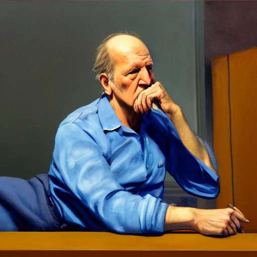 Image similar to werner herzog sits in the waiting room at the dmv, holding boltcutters. style of edward hopper, award winning, photo realistic, dynamic lighting, very detailed face, 4 k, chris ware