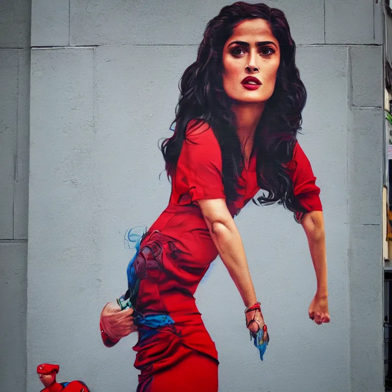 Prompt: Street-art mid-short portrait of Salma Hayek wearing red dress in style of Etam Cru, photorealism, Sony a7R