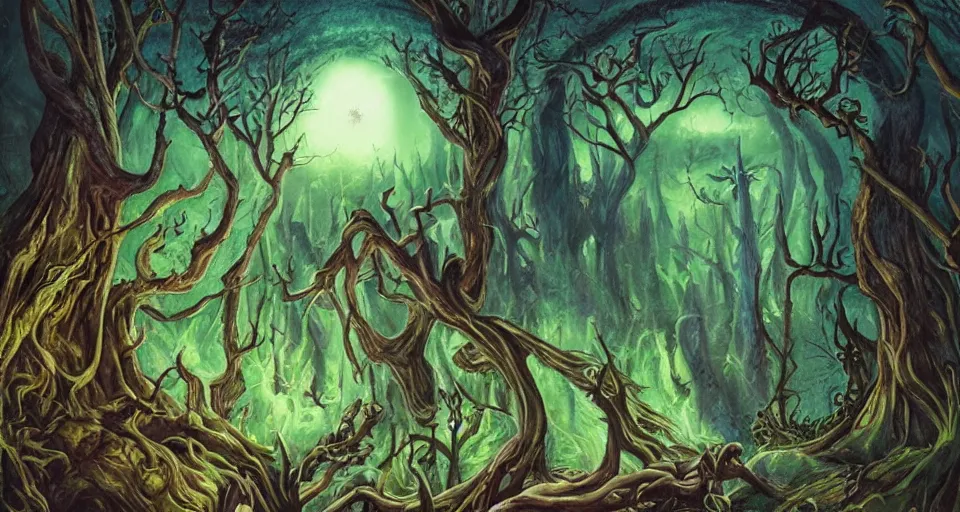 Image similar to Enchanted and magic forest, by H.P. Lovecraft