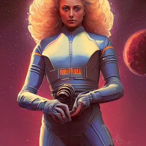 Image similar to Aly Michalka as a stunning , beautiful retro SCI-FI space heroine 1985 , movie poster, intricate, elegant, highly detailed, centered, digital painting, trending on artstation, concept art, smooth, sharp focus, illustration, art by raphael lacoste ,eddie mendoza ,alex ross, WLOP