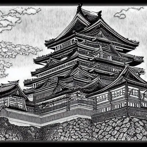 Image similar to japanese castle, art, detailed, kentaro miura style, black and white
