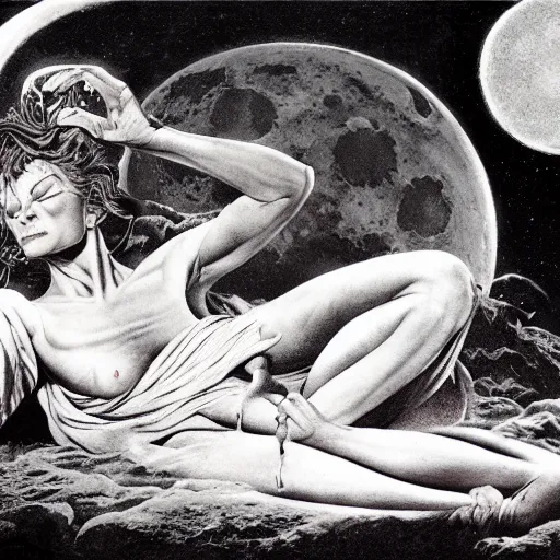 Prompt: sleep of wise old beautiful woman Desert Deity under unresolved evil moon illusion, in the style of Frank Frazetta, Jeff Easley, Caravaggio, extremely clear and coherent, clear lines, 8K revolution