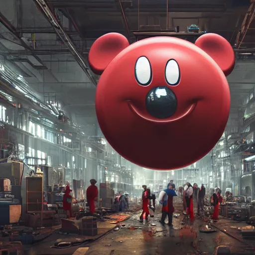 Image similar to a giant mickey mouse head, factory floor, surrounded by factory workers, octane render, cgstation, 3 d render, very detailed, mindblowing, blood and guts, gritty, cyberpunk, cinematic lighting, hyper realism