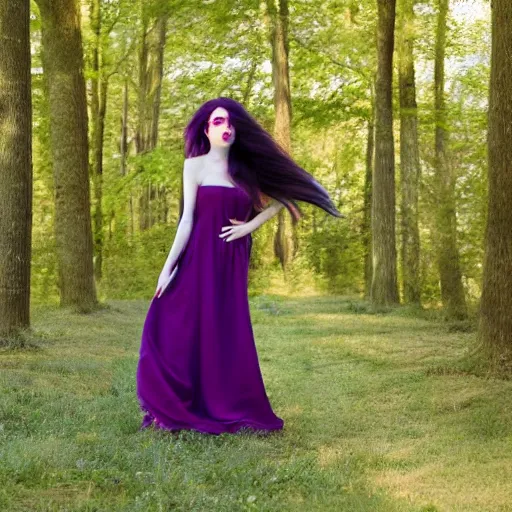 Image similar to a incredibly beautiful woman with long purple hair, looking at the camera, wearing a red dress, highly detailed 4k image, award winning