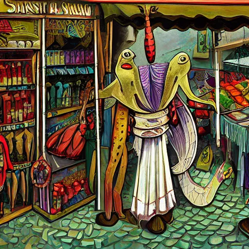 Prompt: Painting of human-sized Mantis religiosa shopping on a medival city market; fantasy; D&D; magic