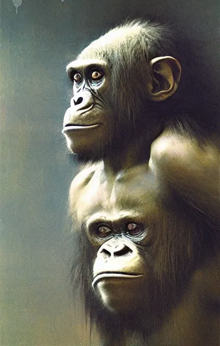 Image similar to tribal ape warrior, beksinski, ruan jia,