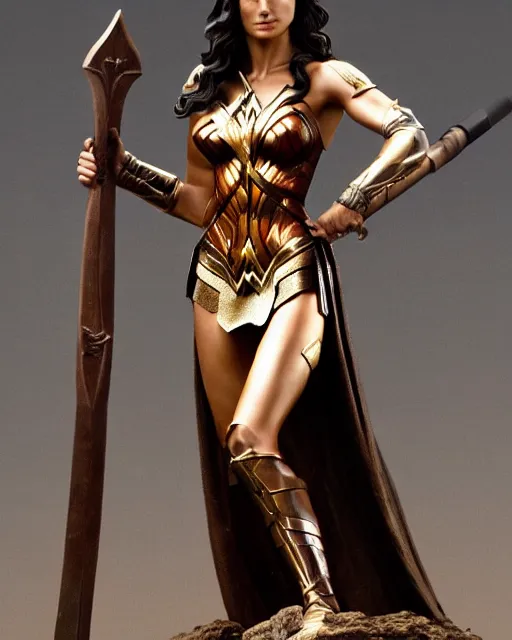 Image similar to a huge bronze statue of gal gadot ’ s wonder woman holding her spear and shield, fantasy landscape, photorealistic, atmospheric