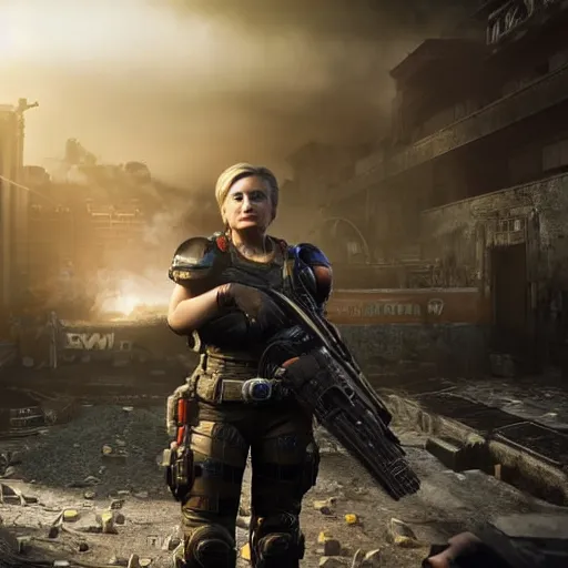 Prompt: hillary clinton in gears of war, splash art, movie still, cinematic lighting, dramatic, octane render, long lens, shallow depth of field, bokeh, anamorphic lens flare, 8 k, hyper detailed, 3 5 mm film grain