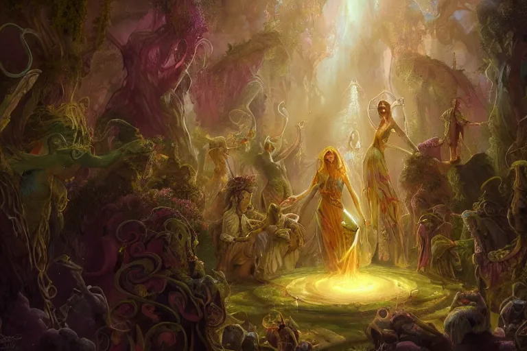 Prompt: the muses. threads of magic emanate to the world... a sacred chant rivendell, the garden of eden, sacred singers they who took up the strings of the deep, and turned the cacophony of an angry world into songs of unity and peace. morning lighting hopeful, cinematic fantasy painting, dungeons and dragons, jessica rossier and brian froud