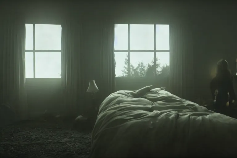 Image similar to vfx movie scene sleep paralysis night, a monster outside the extravagant bedroom window, natural lighting by emmanuel lubezki