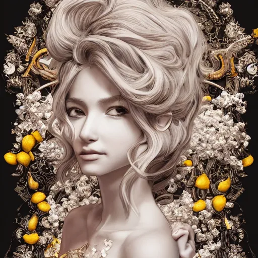 Image similar to the portrait of an absurdly beautiful, graceful, elegant, sophisticated, young idol made up of lemons, an ultrafine hyperdetailed illustration by kim jung gi, irakli nadar, intricate linework, bright colors, octopath traveler, final fantasy, unreal engine 5 highly rendered, global illumination, radiant light, detailed and intricate environment